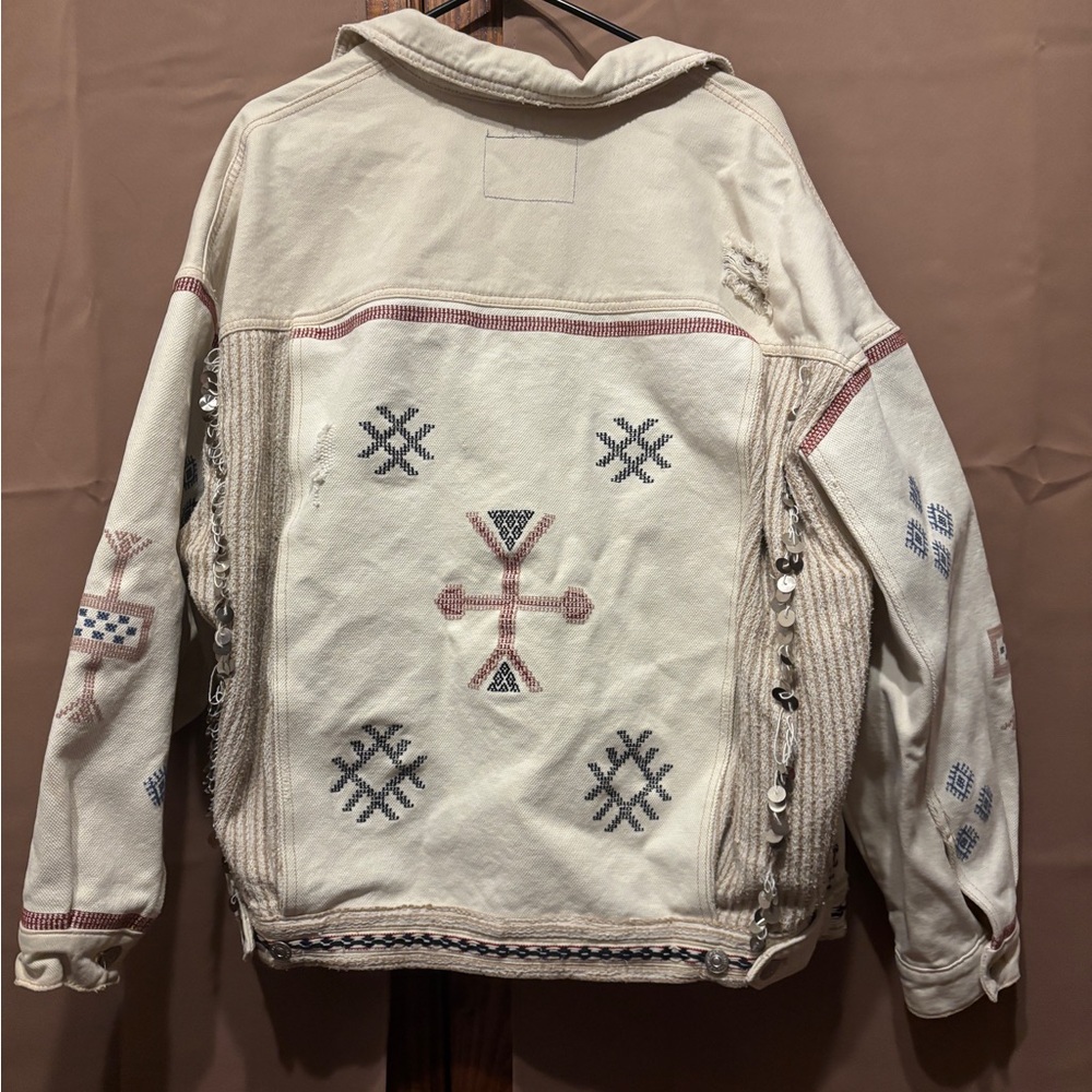 Free People Winter Cactus Embroidered Embellished Trucker Denim Jacket  Medium - Picture 9 of 13